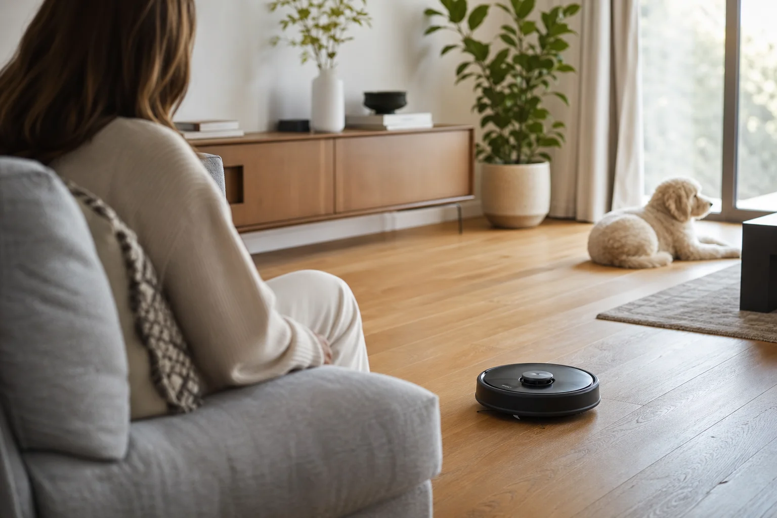 Pet owner with dog watching robot vacuum clean hardwood flooring