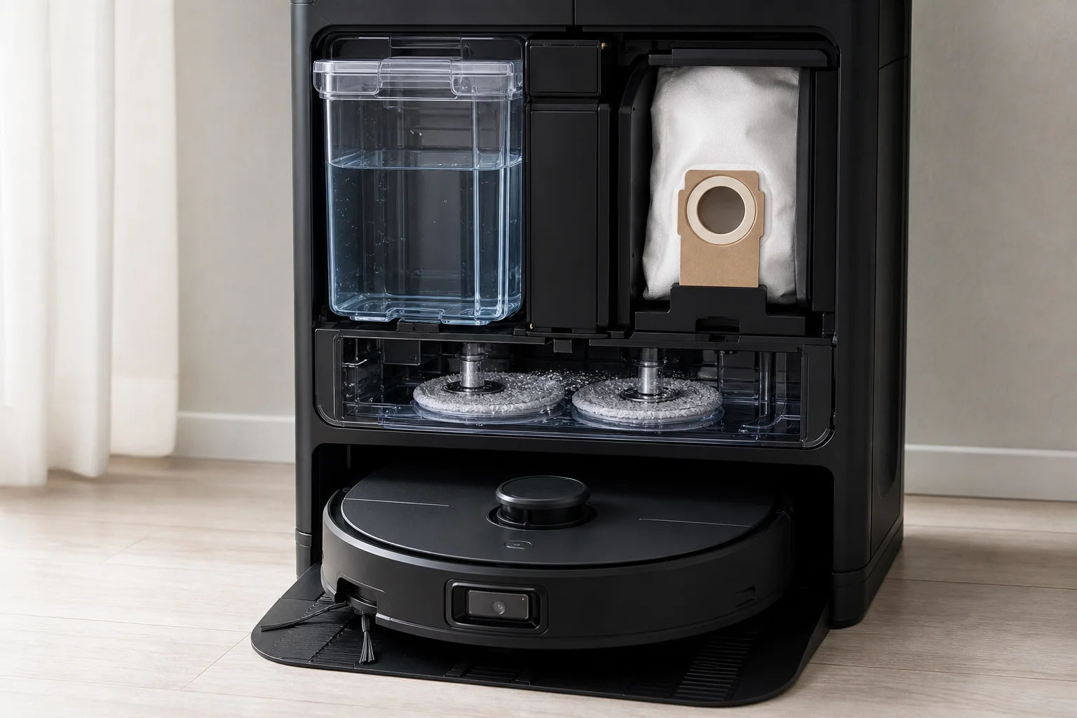 Robot vacuum docking station with visible water tanks and collection compartments