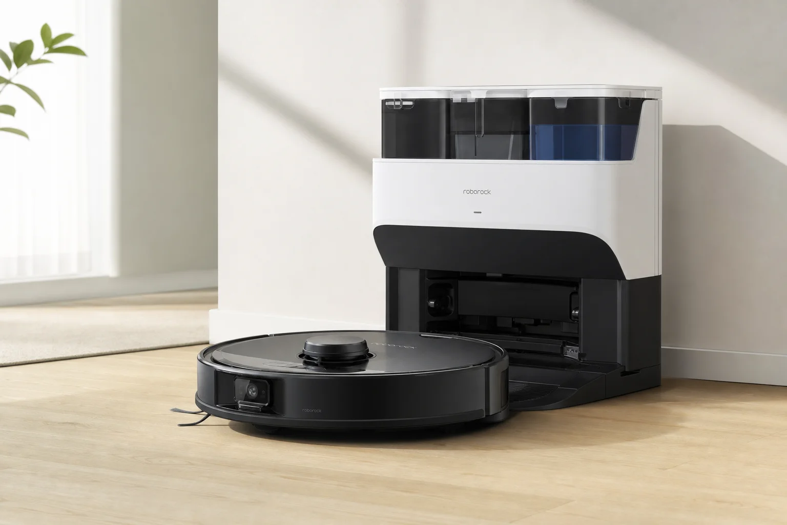 나무 바닥 위에 도킹 스테이션과 함께 놓인 Eureka Forbes Smart Clean 로봇청소기