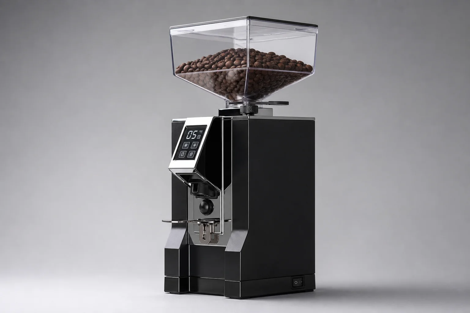 MiiCoffee DF54 espresso grinder with black body and glass dial on neutral backdrop