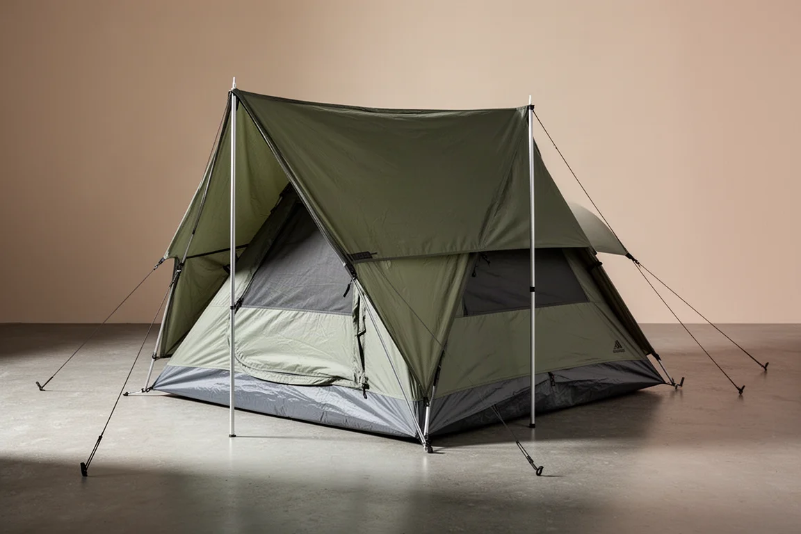 Two-person dome camping tent with green and tan fly on a matte concrete surface