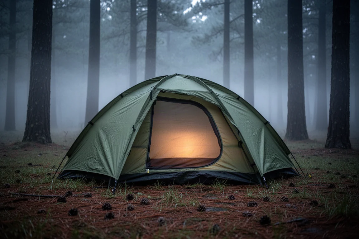 Two-person camping tent pitched in a forest clearing at dusk with warm light inside