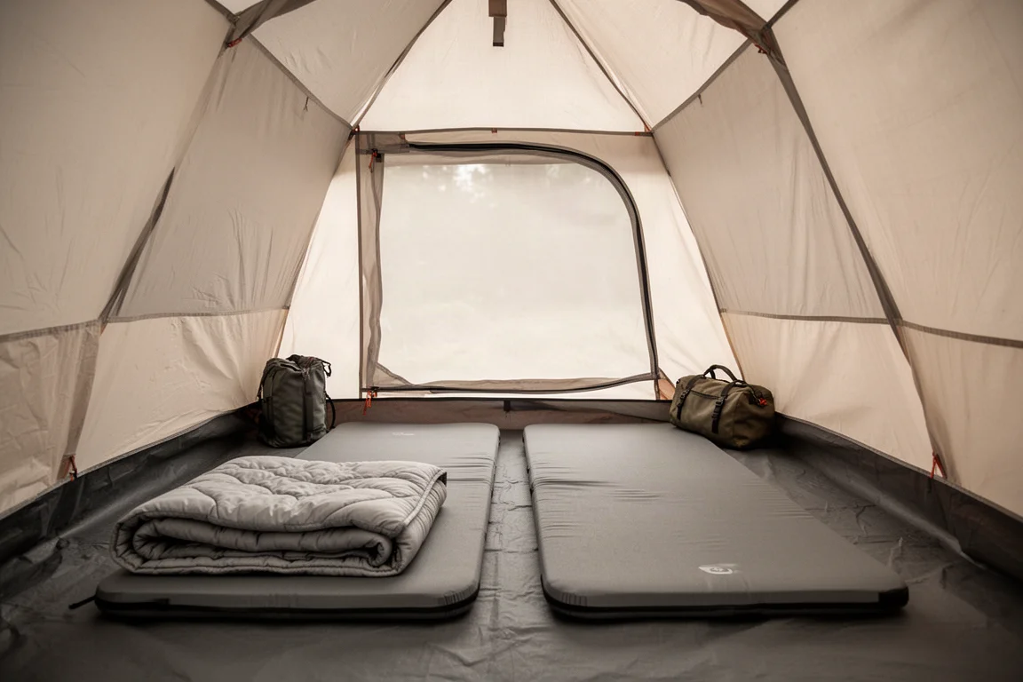 Interior of a two-person tent showing two sleeping pads and gear with headroom