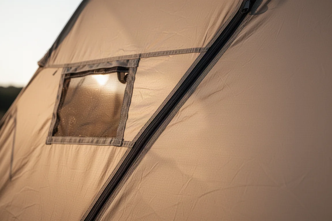 Close-up of a tent mesh door panel and solid fabric wall in warm sunlight