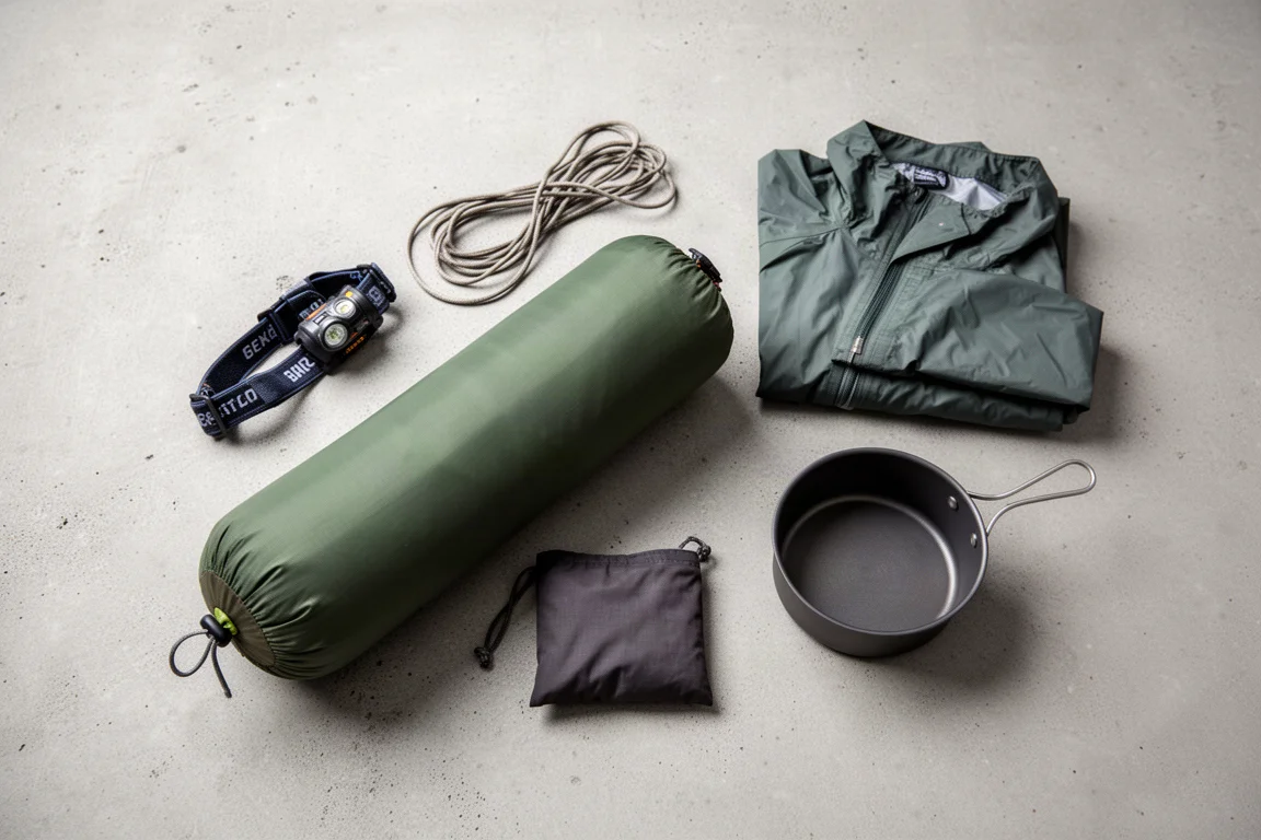 Packed tent stuff sack with camping accessories arranged on concrete