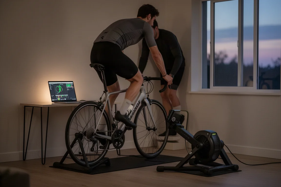 Ciclista su un rullo al chiuso con un laptop che mostra una piattaforma di ciclismo virtuale