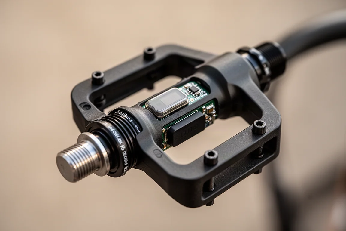 Primo piano di un pedale da corsa con sensori elettronici integrati