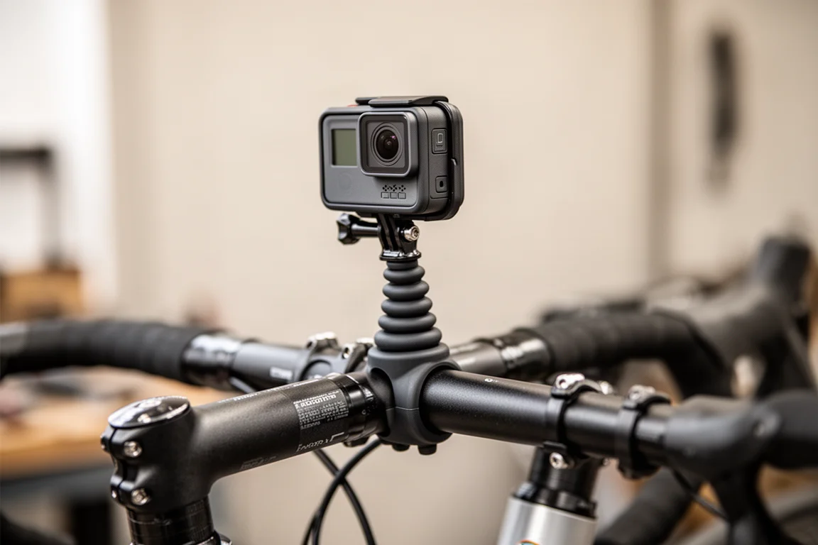 Attacco sterzo con un supporto flessibile che tiene una action cam