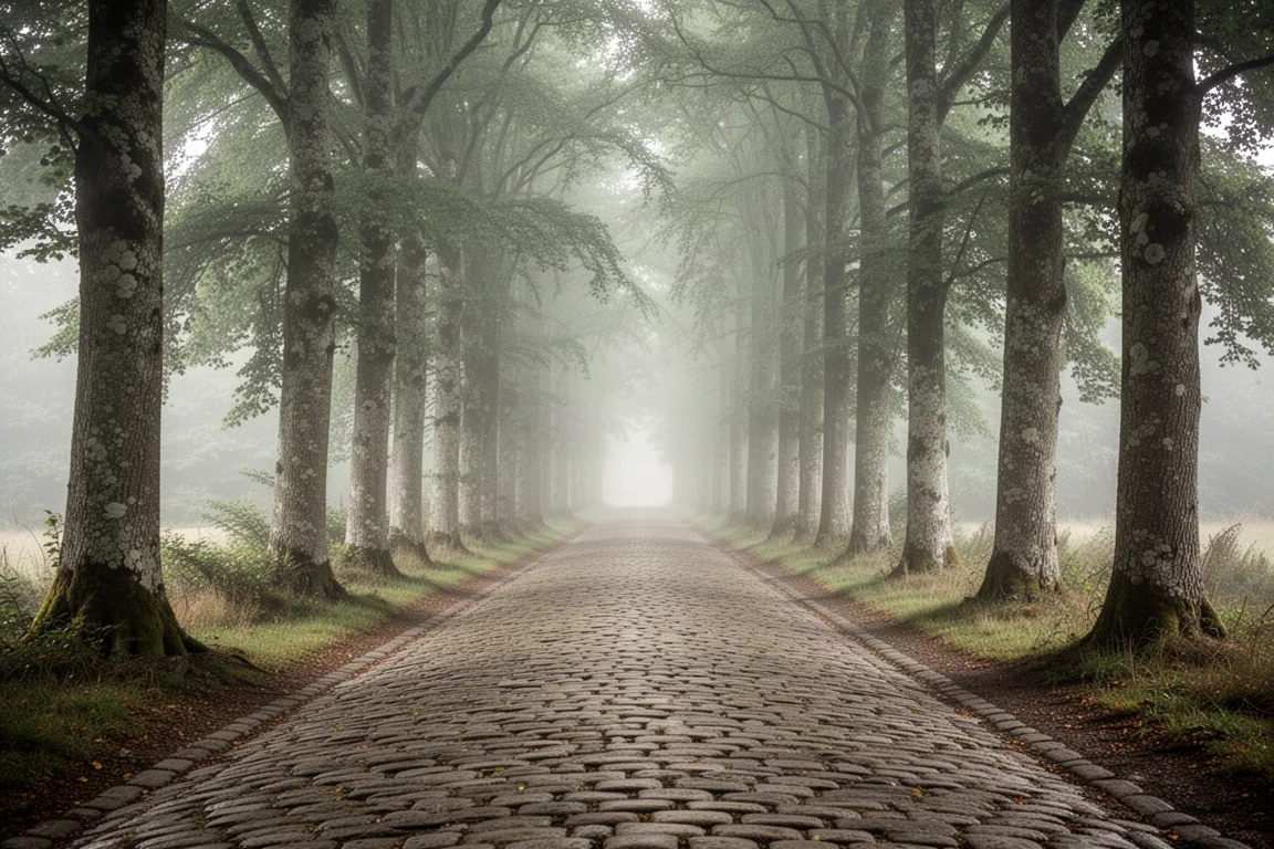 Camino adoquinado estrecho y recto bordeado de árboles altos entre una niebla suave