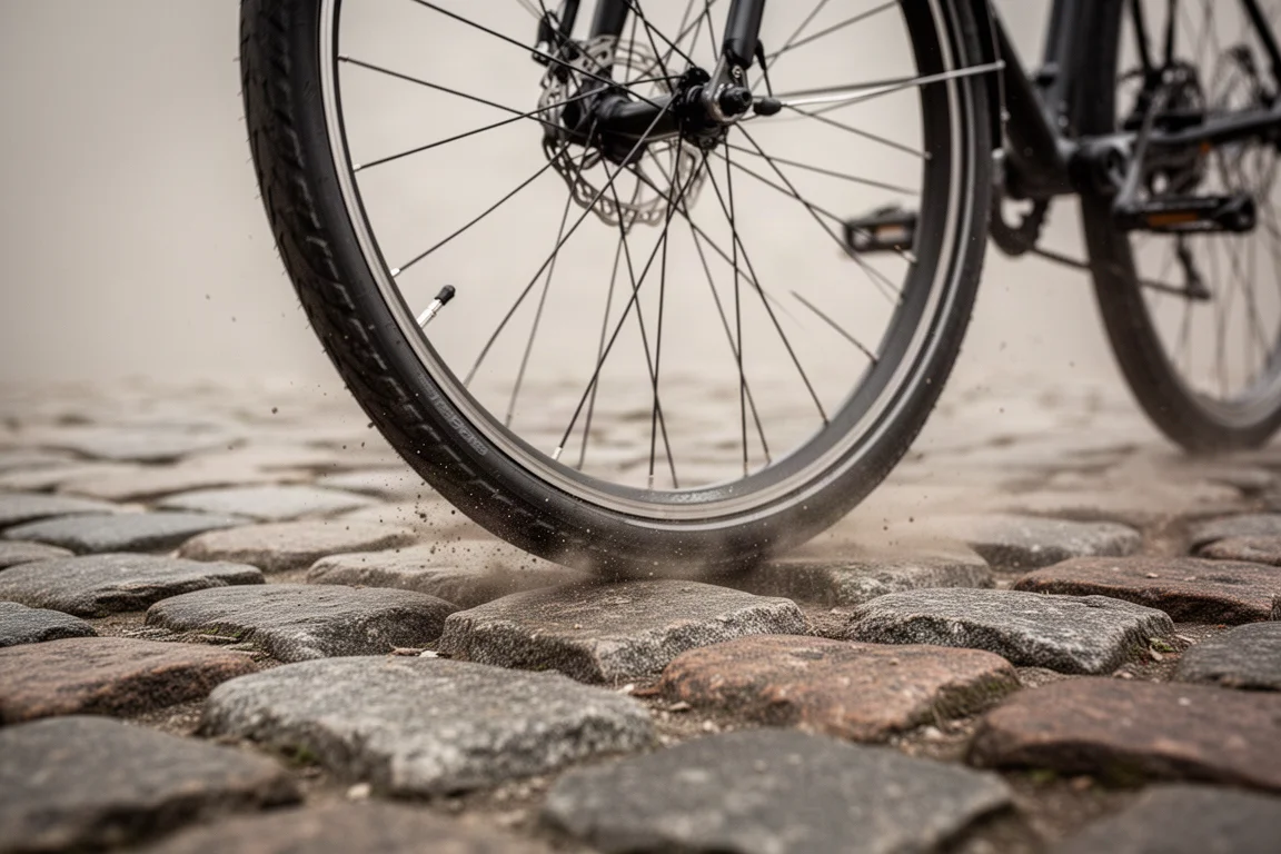 Vista en ángulo bajo de una rueda de bicicleta rodando sobre adoquines irregulares
