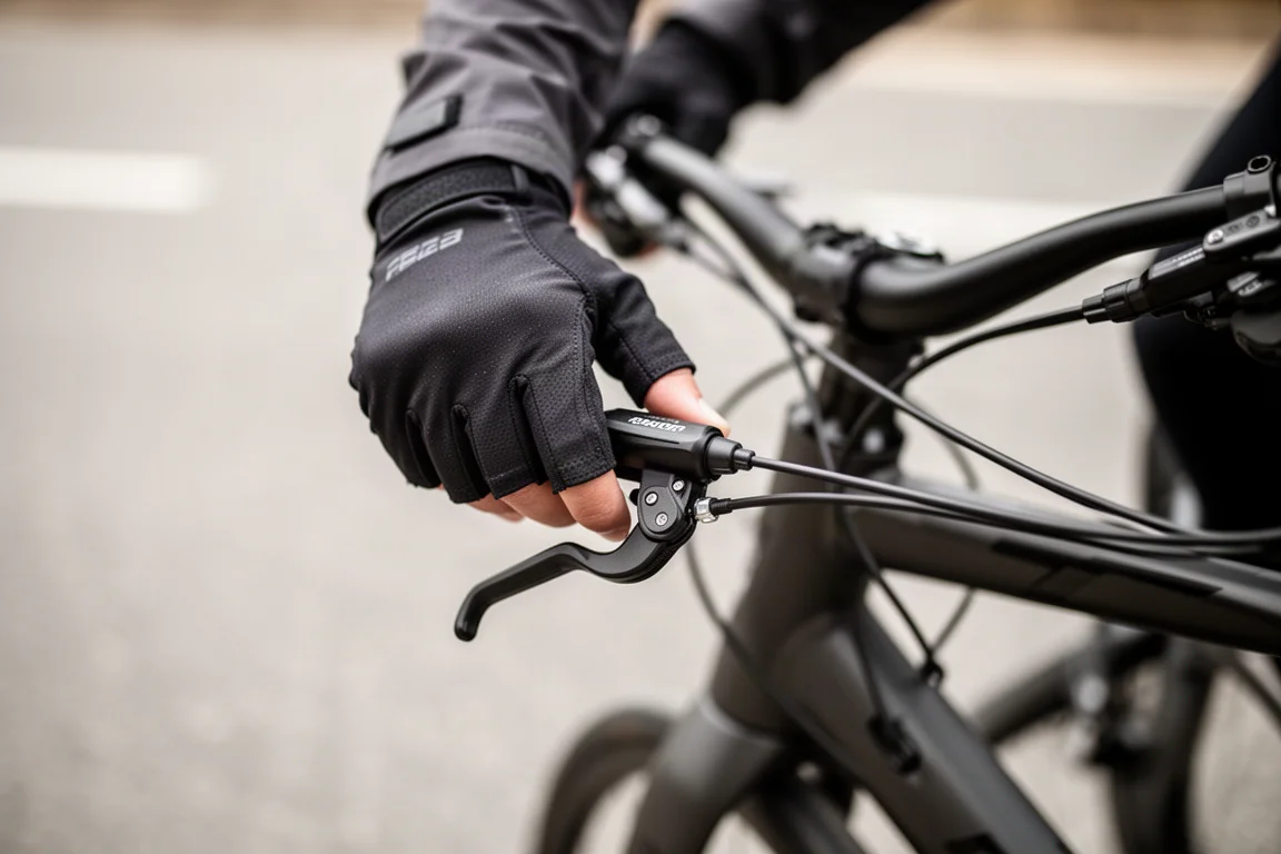 Mano enguantada de un ciclista bajando hacia una palanca de cambios montada en el cuadro