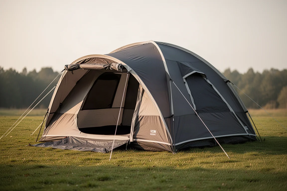 Grande tenda da campeggio a cupola da tre posti montata sull'erba con le porte aperte
