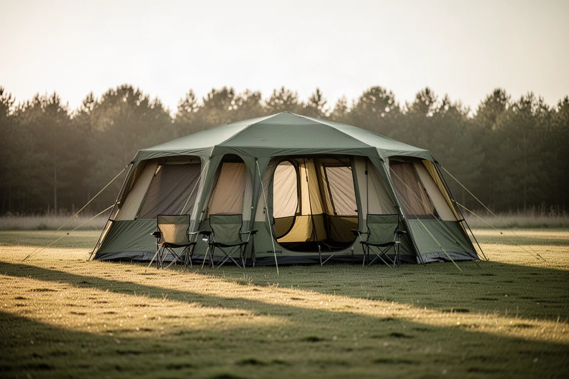 Gran tienda de campaña para tres personas montada en un claro de camping con hierba a la hora dorada