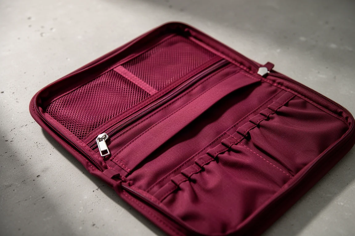 Pochette ouverte à plat montrant les séparateurs internes et les poches en maille
