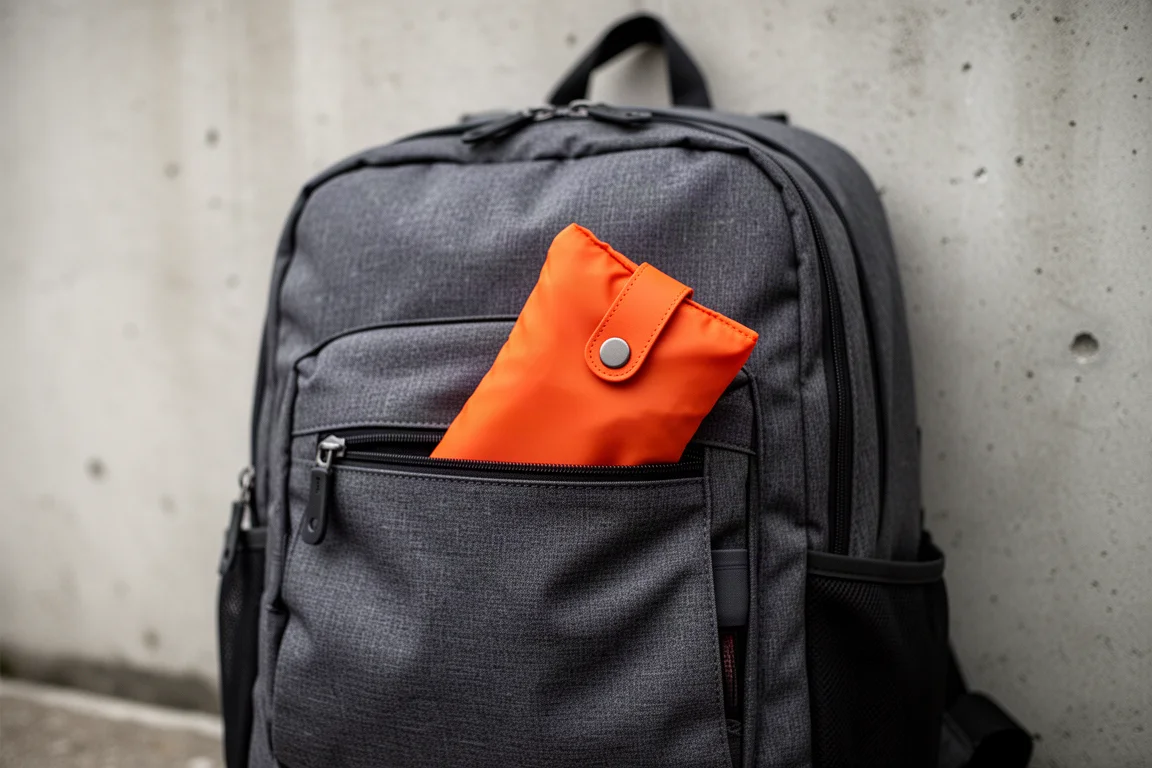 Pochette pliable fine glissée dans la poche avant d'un sac de voyage