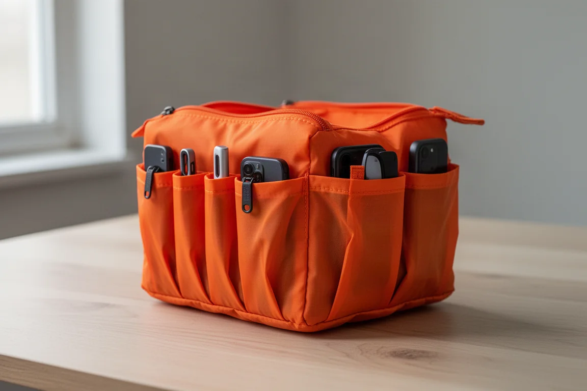 Pochette remplie dont les poches se gonflent pour accueillir du petit matériel