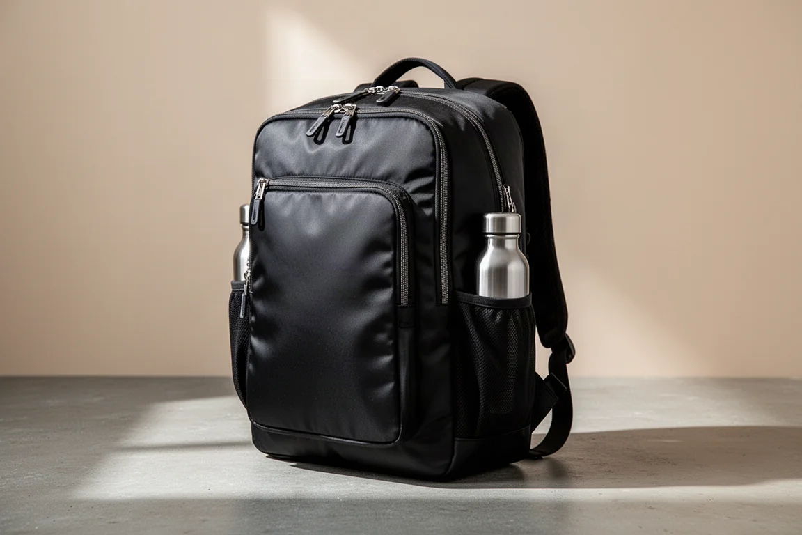 黑色 Evergoods Civic Travel Bag 26 後背包立在水泥地面上
