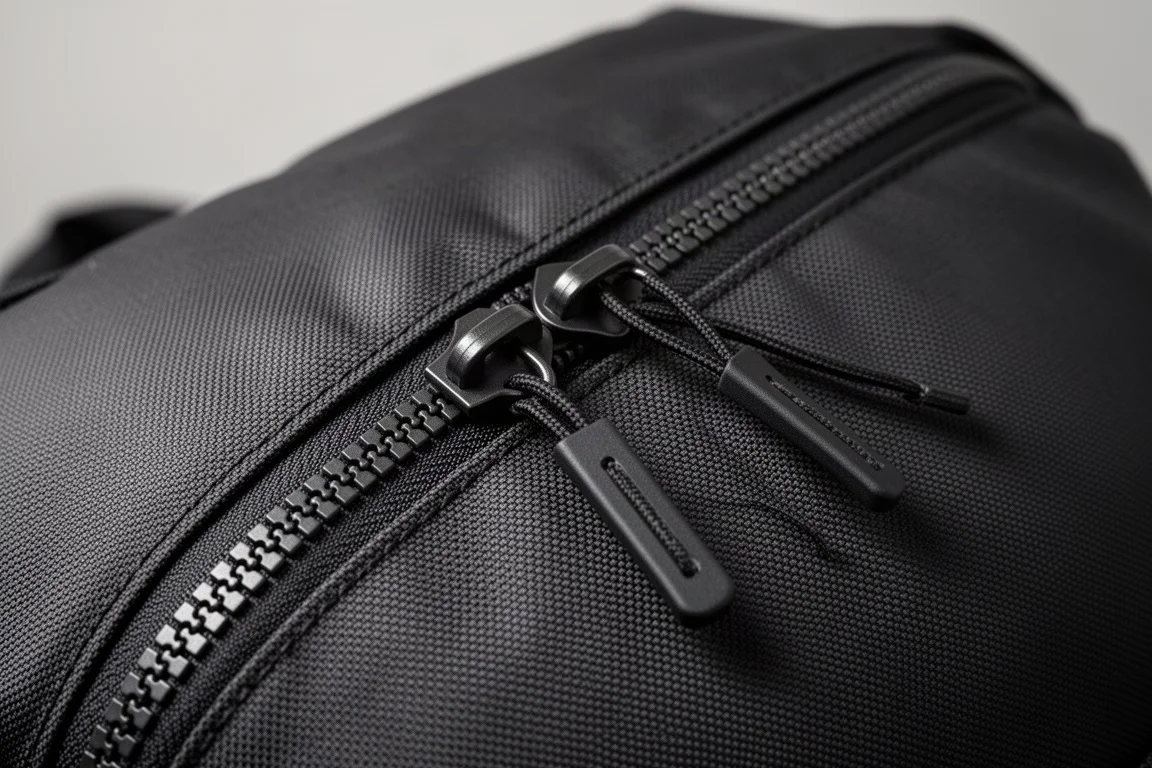 黒いバックパックの大型ヘビーデューティージッパーのアップ