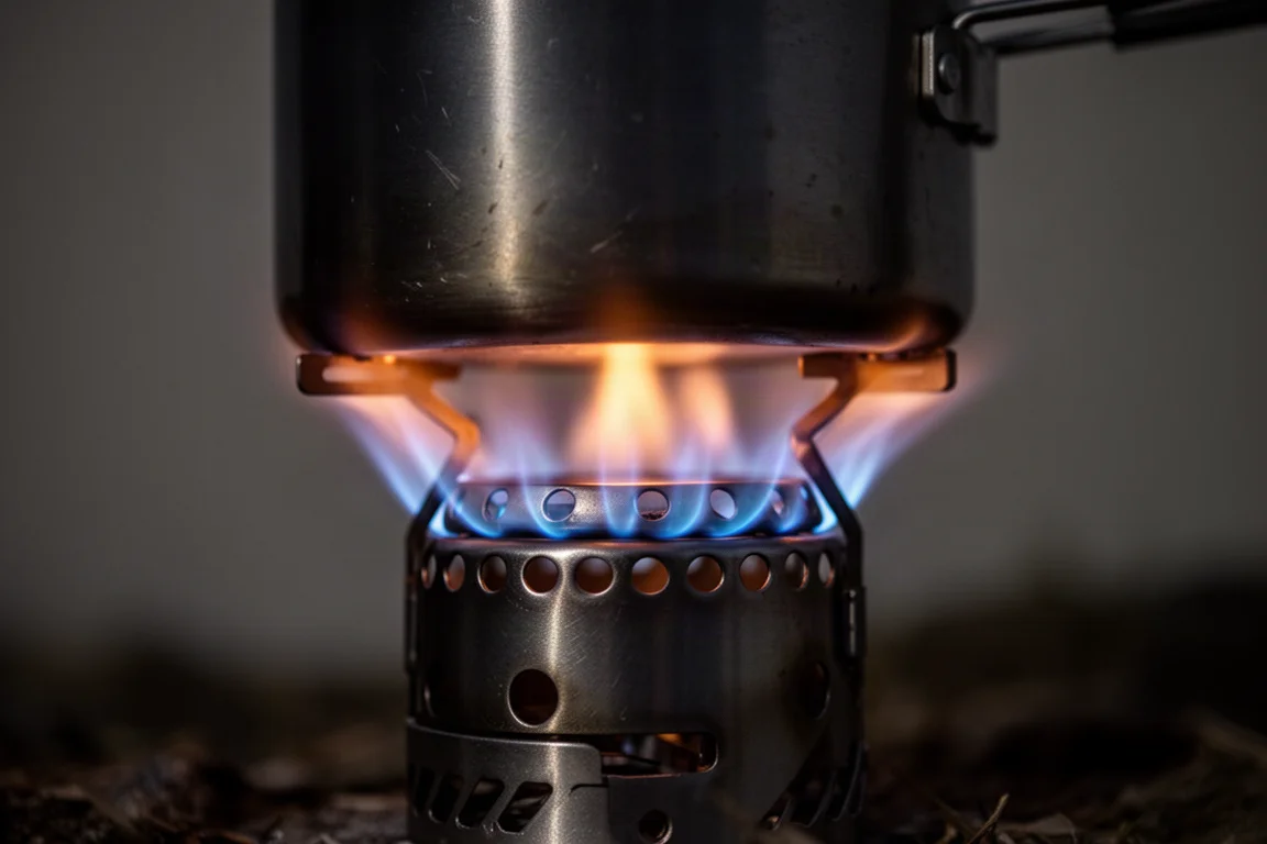Nahaufnahme eines hellblauen Flammenrings, der aus kreisförmigen Löchern in einem Titan-Kocherkörper austritt