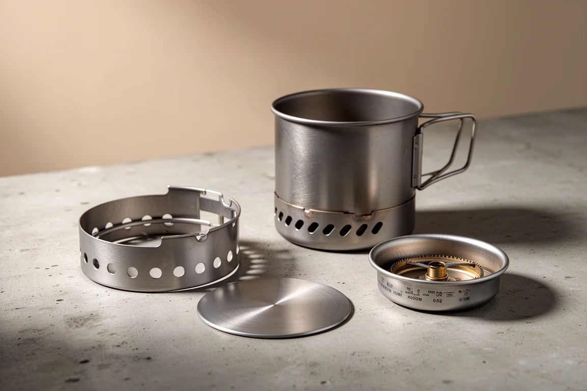 Ultralight titanium camp stove set components arranged on a matte concrete surface