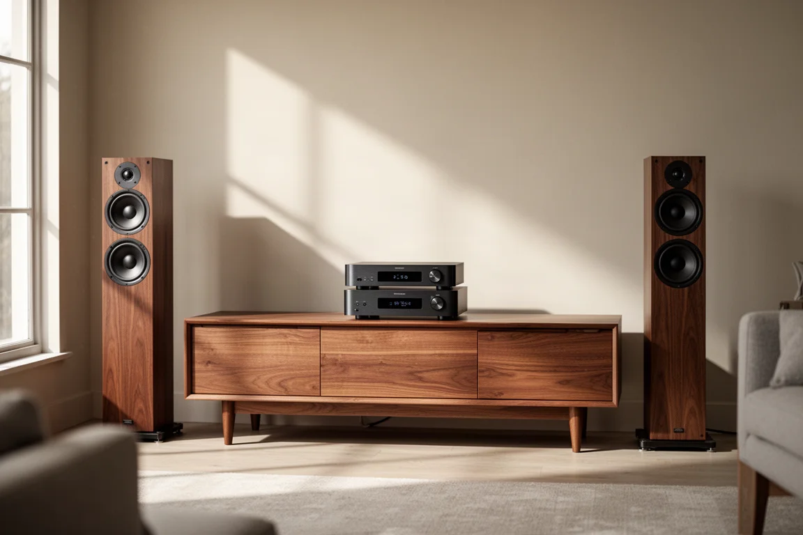 Streamer hi-fi e amplificatore impilati su una credenza in un soggiorno illuminato dal sole