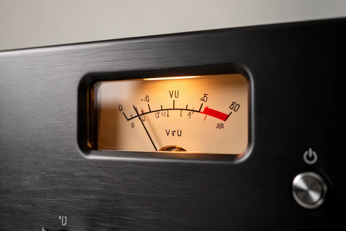 Primo piano di VU meter analogici illuminati sul pannello frontale in metallo spazzolato scuro di un amplificatore