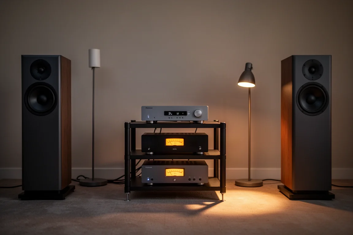 Rack hi-fi con componenti impilati e diffusori da pavimento in una stanza al crepuscolo