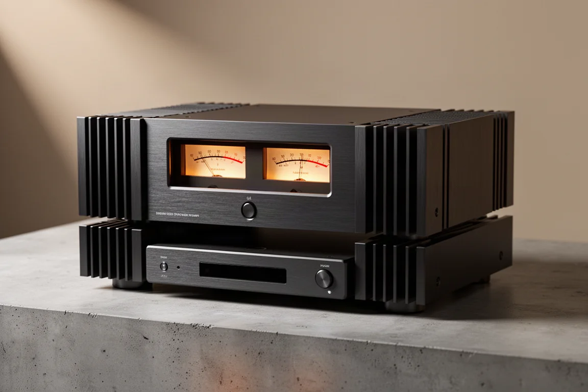 Dark brushed metal stereo power amplifier with analog VU meters stacked on a matching streamer