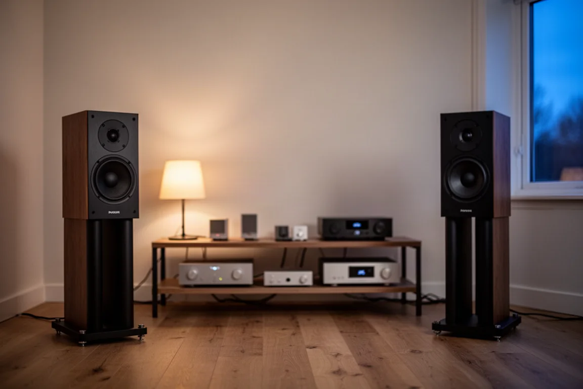 Angolo di ascolto hi-fi compatto al crepuscolo con diffusori su stand e luce calda di una lampada