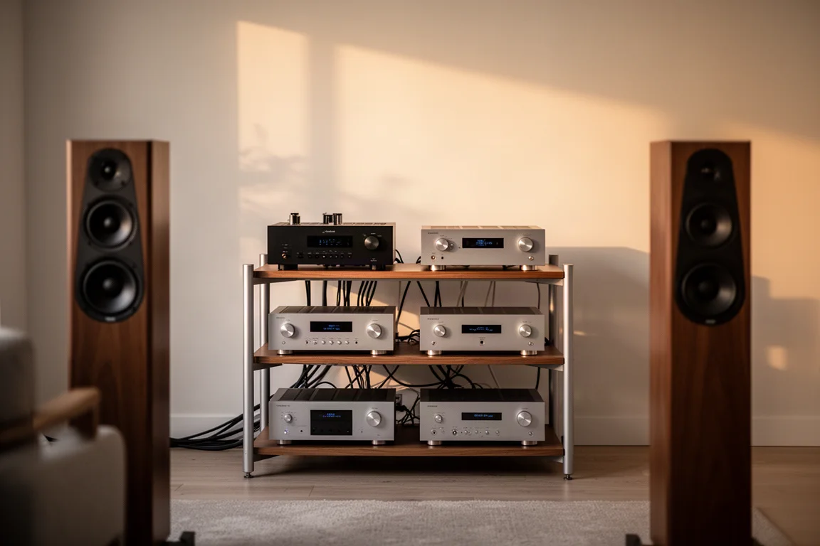 Rack hi-fi ordinato in soggiorno con diffusori da pavimento e luce calda della sera