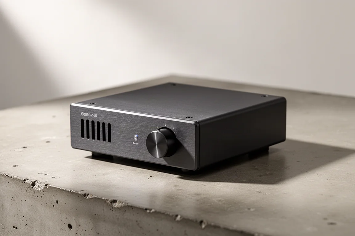 Compact dark grey aluminum class D stereo amplifier on a matte concrete surface