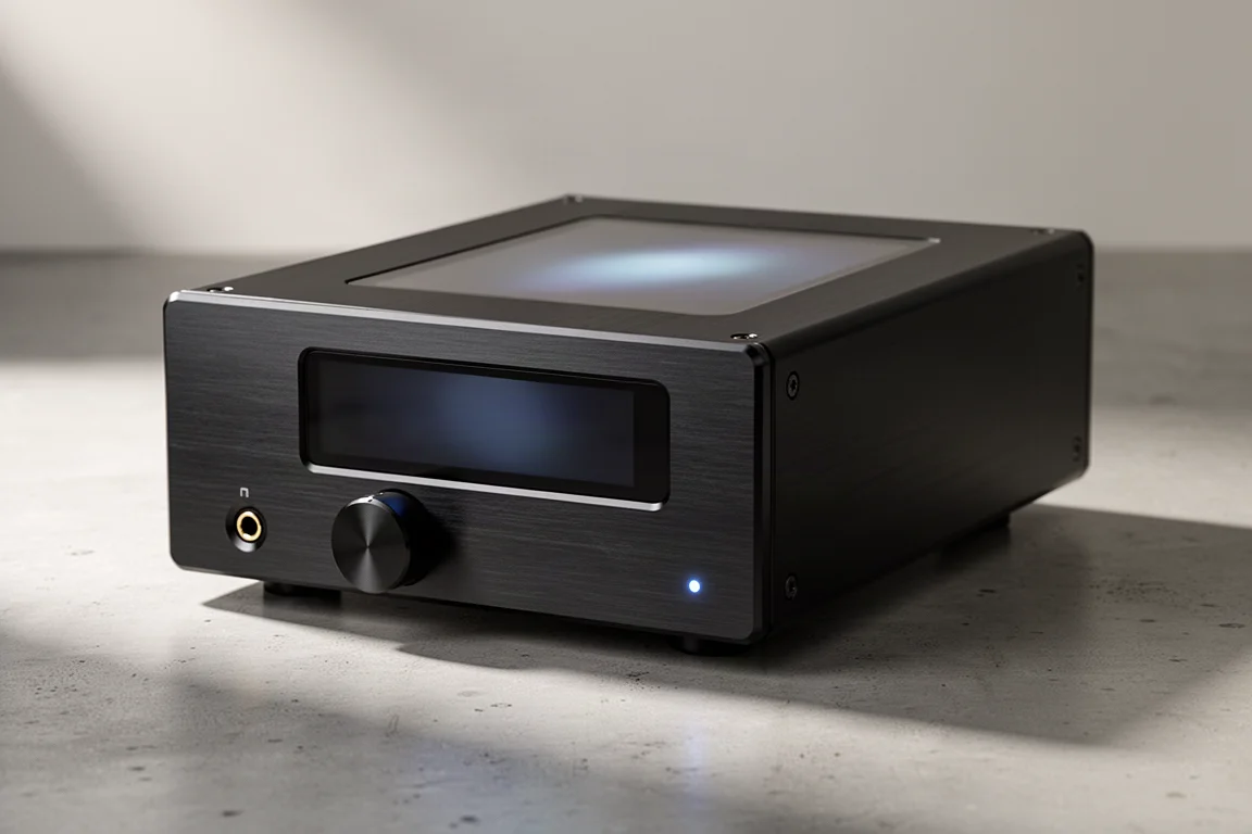 Slim aluminium hi-fi DAC with a wide front touchscreen and a single volume knob