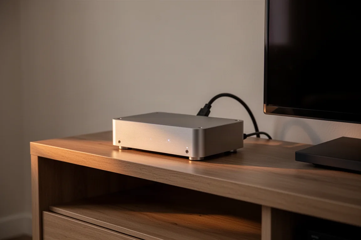 Kompakter Aluminium-Musikstreamer auf einem Holzregal neben einem Fernseher