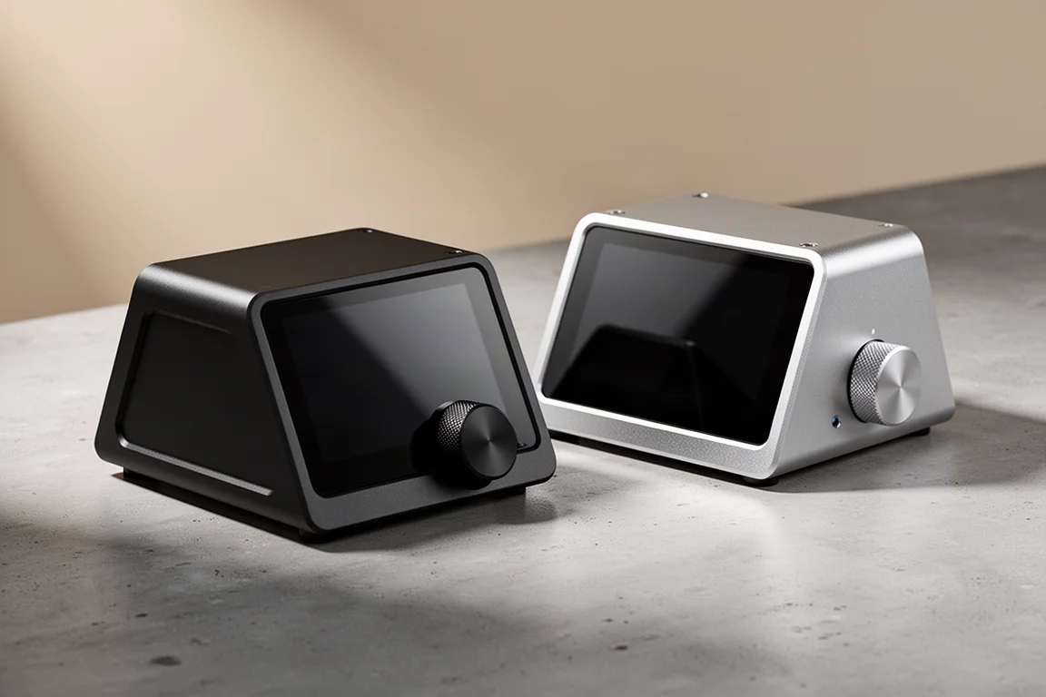Two compact aluminium network music streamers, one black and one silver, on a concrete surface