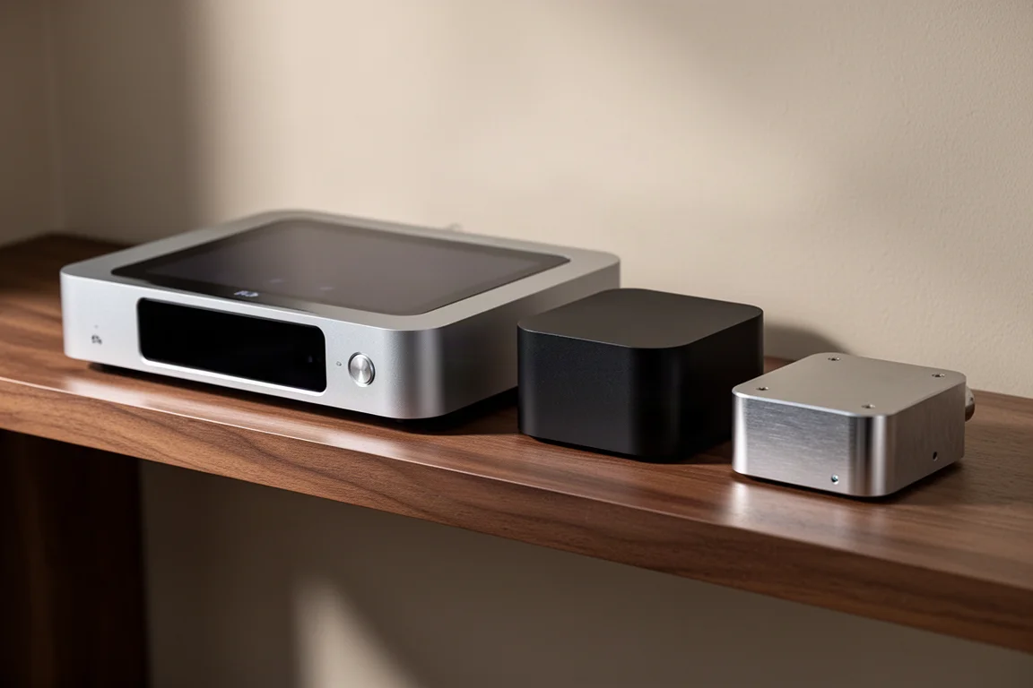 Three streaming audio components arranged in a row on a walnut shelf in soft light