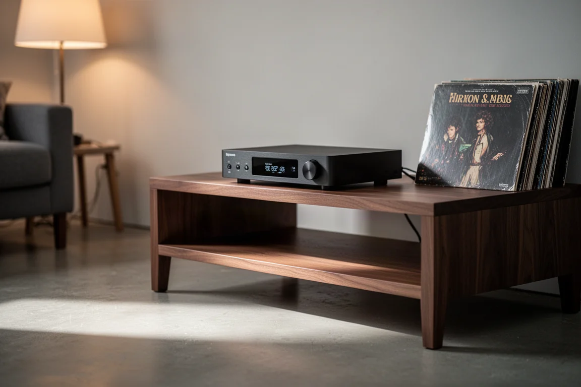 Compact hi-fi streamer on a wooden audio rack in a softly lit living room
