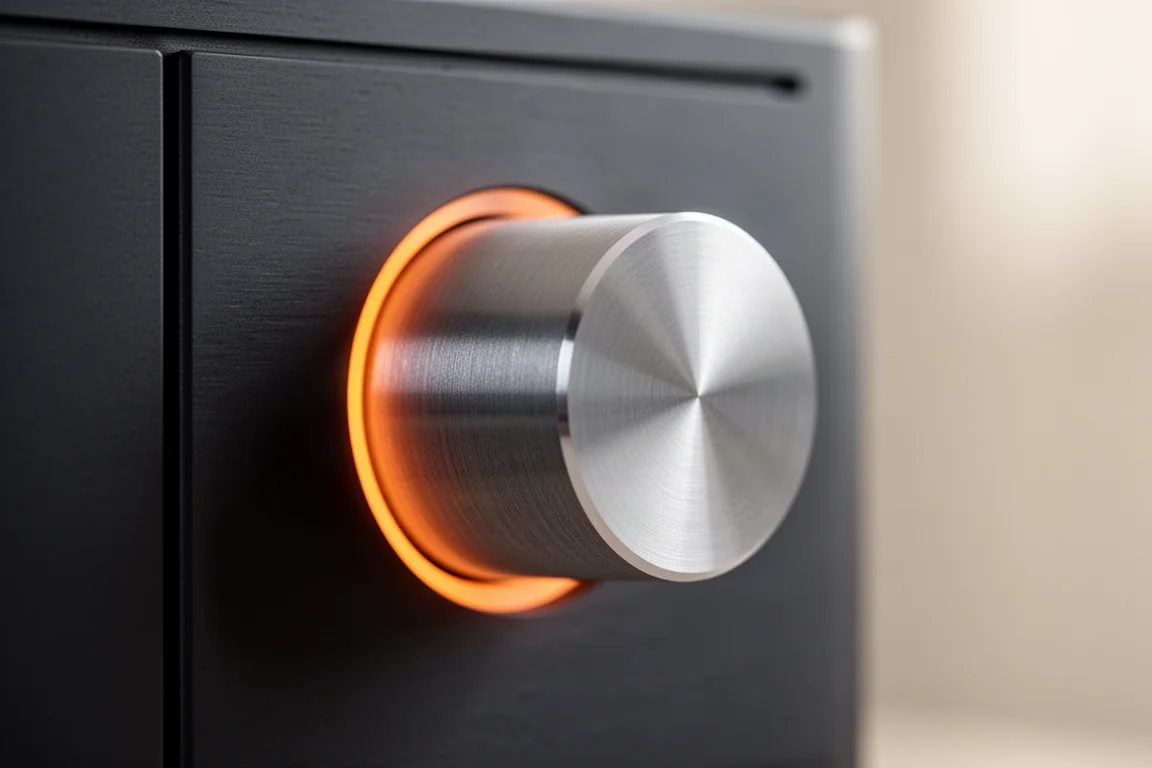 Close-up of a machined aluminium volume knob with a glowing orange light ring