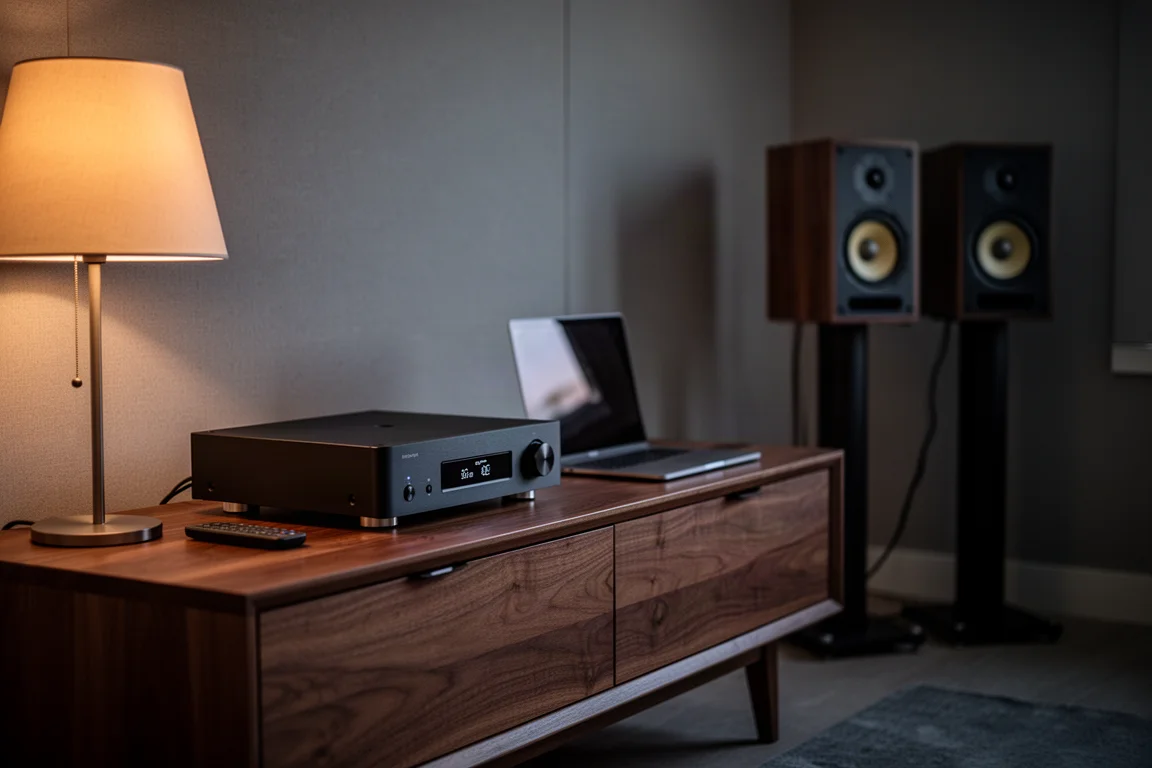 Listening room corner at dusk with a hi-fi component on a wooden sideboard