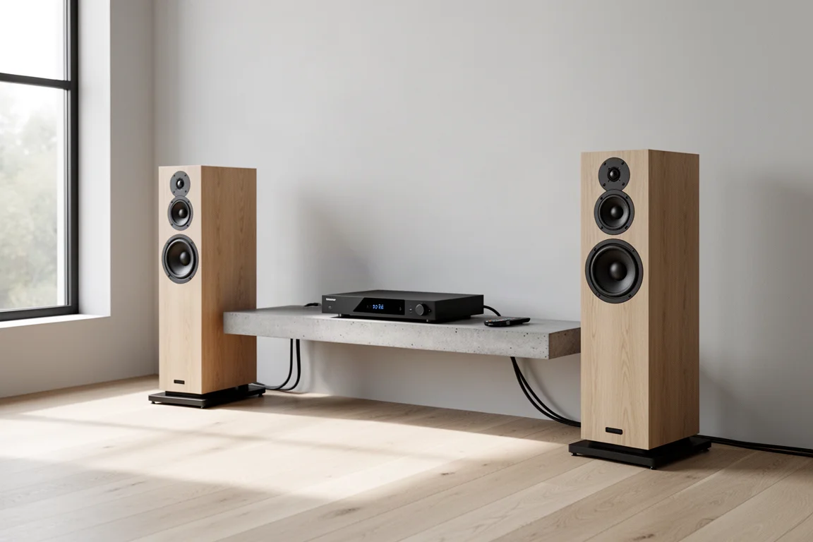 Minimalist two-channel hi-fi system with streamer and floorstanding speakers