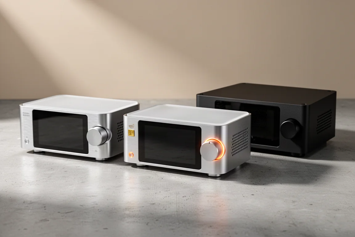 Three compact hi-fi streamer DAC preamps on a concrete surface
