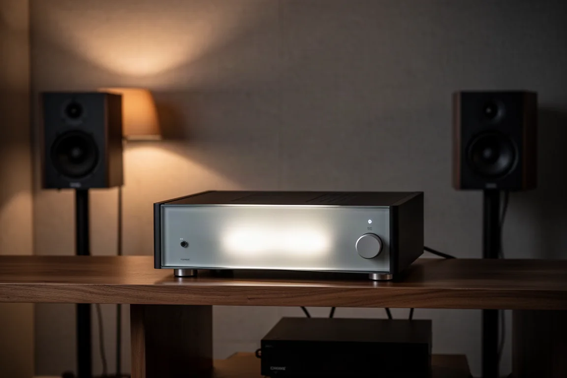 Sala de escucha con luz tenue y un streamer de sobremesa compacto iluminado en un estante bajo de madera entre altavoces