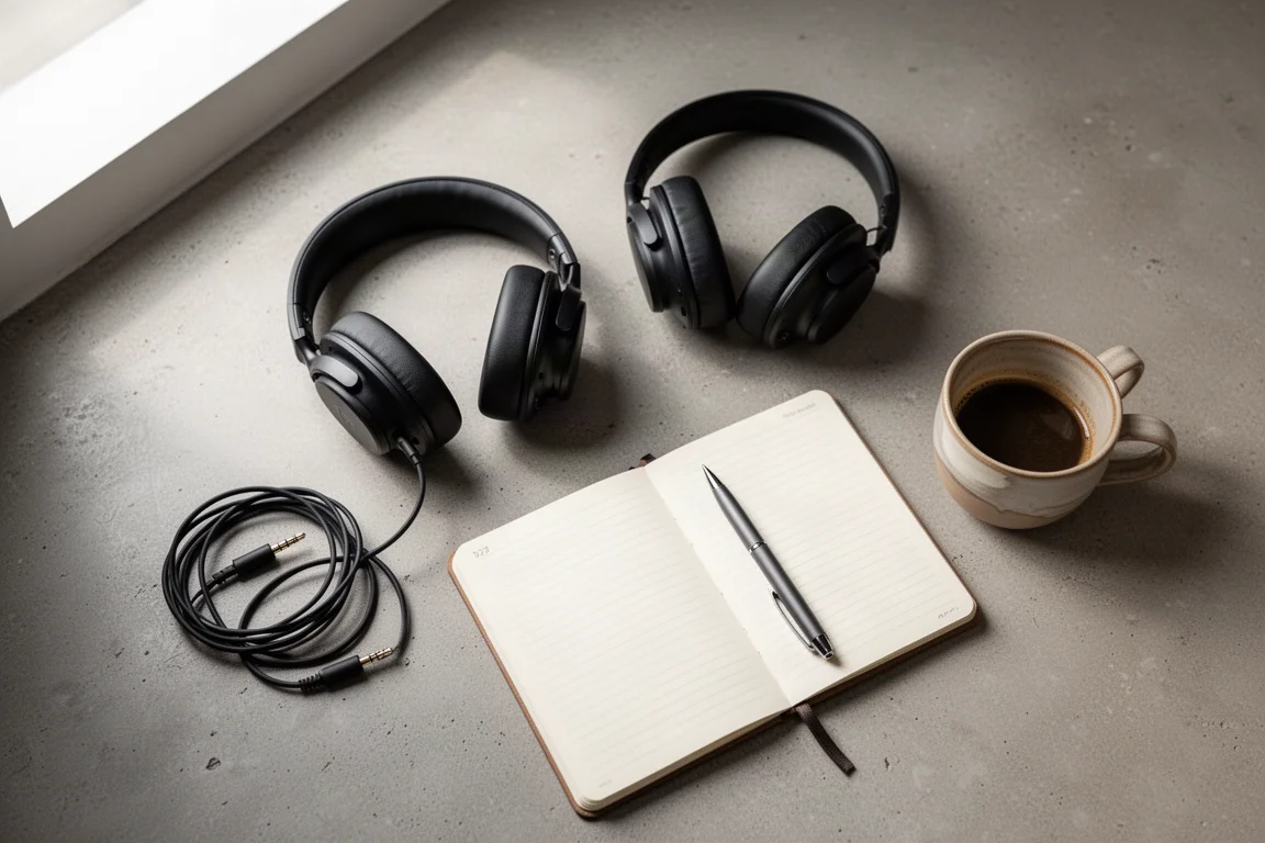 Vista cenital de unos auriculares, un cable enrollado, un cuaderno y una taza de café sobre hormigón
