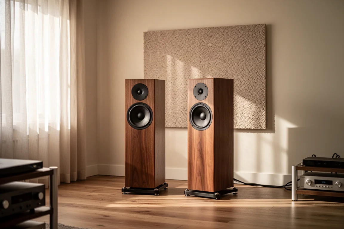 Sala de escucha de tonos cálidos con altavoces de suelo y luz de tarde entrando por las cortinas