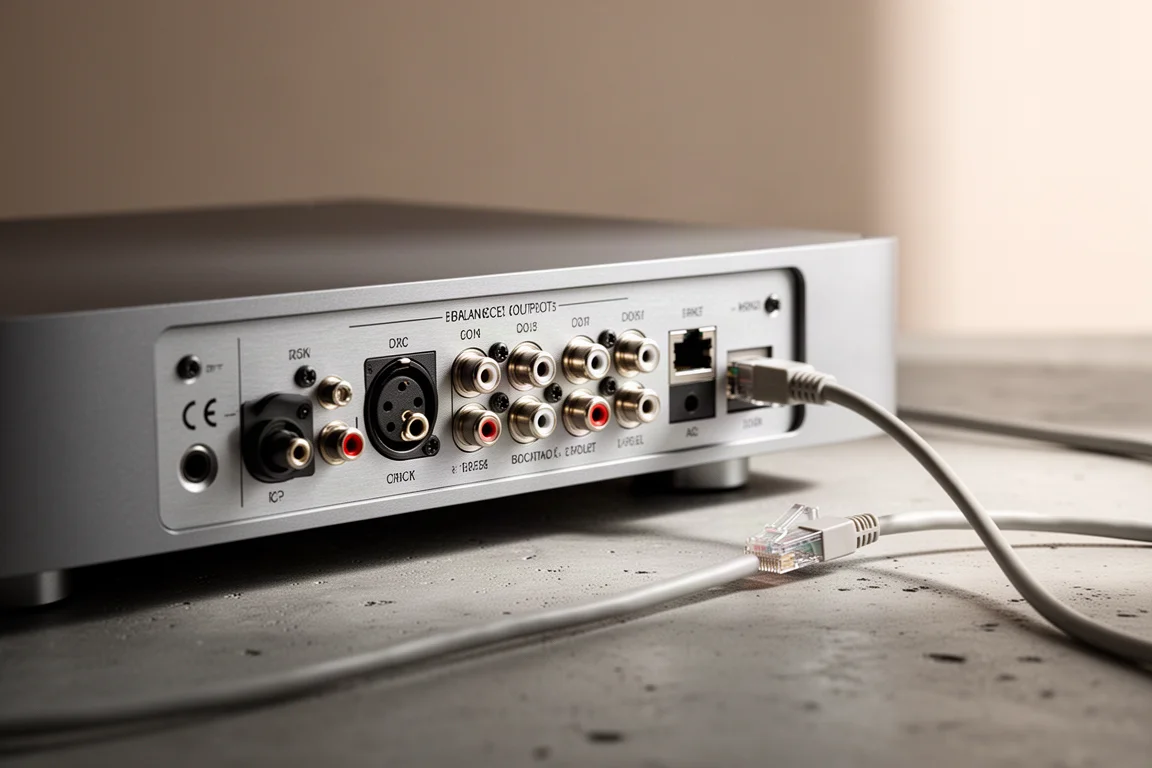 Primer plano de los conectores del panel trasero de un componente hi-fi de sobremesa con un cable Ethernet