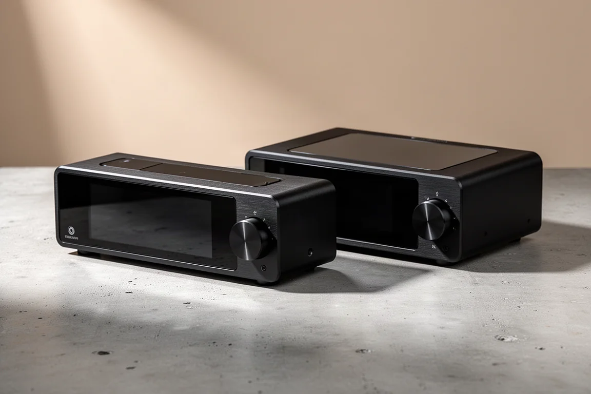 Two compact black desktop hi-fi streamers with glass front panels on a concrete surface