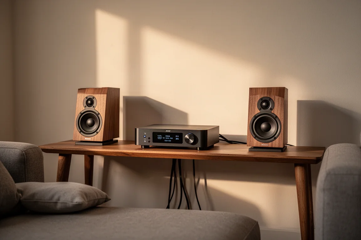 Compact hi-fi streamer on a wooden shelf between standmount speakers