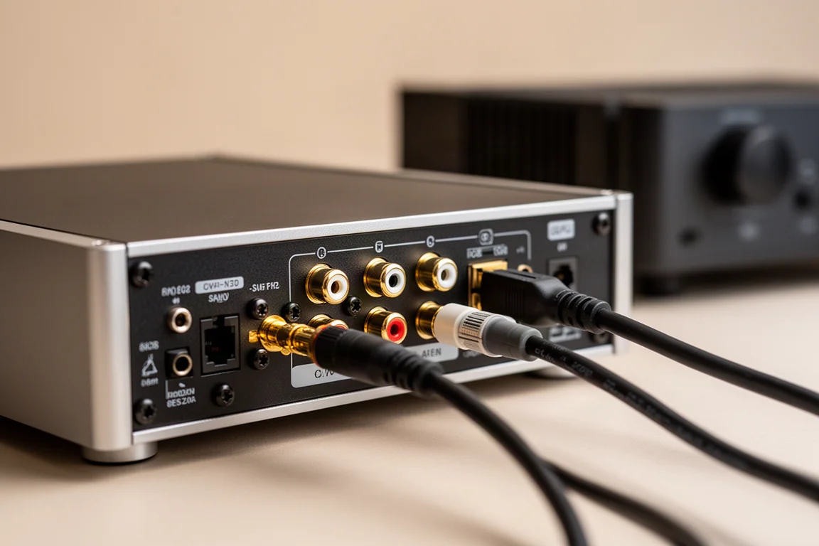 Close-up of rear panel connectors on a hi-fi streamer with cables plugged in