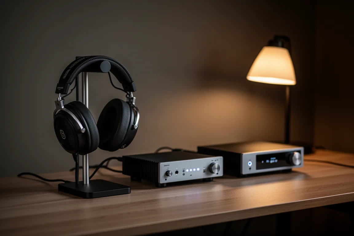 Near-field listening desk with headphones, amplifier and streamer in dim room