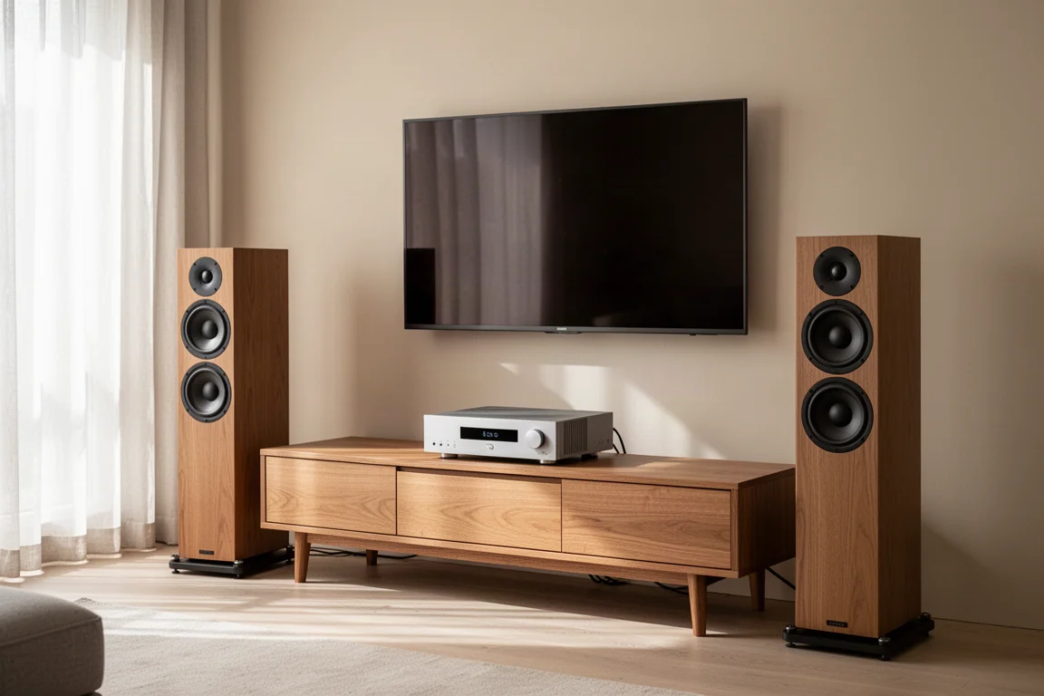Minimalist living room hi-fi setup with streamer, amplifier and speakers