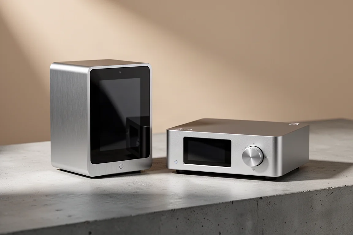 Two compact network streamers with front touchscreens side by side on concrete